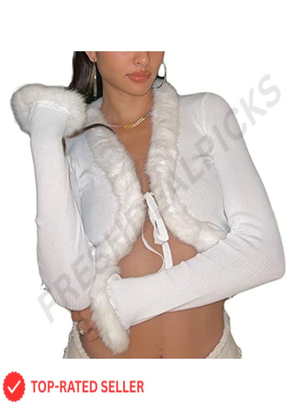Women Long Sleeve Faux Fur Trim Tie-Up Cardigan Crop Sweater Knit V-Neck
